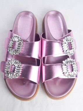 Shu Shop Womens 9 Pink Metal Bridget Rhinestone Jewel Slip On Slide Sandals Flat